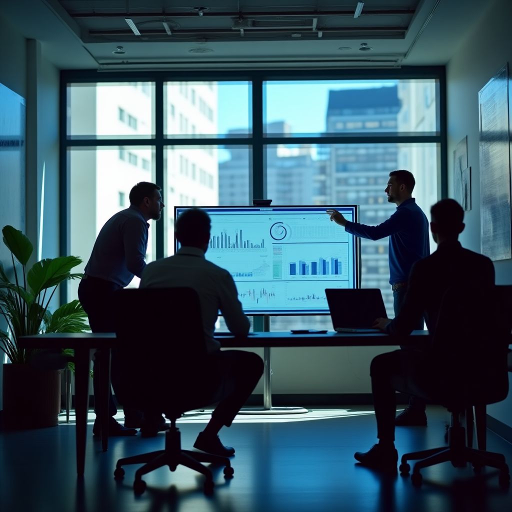 Equipo de analistas económicos en oficina argentina